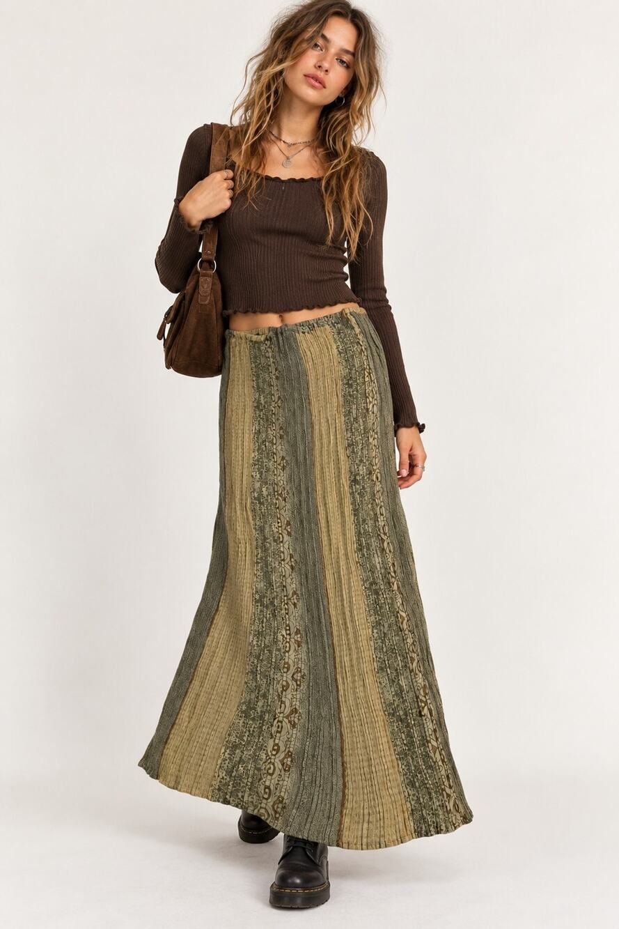 Vtg Carole Little Sport Petites Maxi Skirt Y2K Boho Grunge Earthy M Stretch